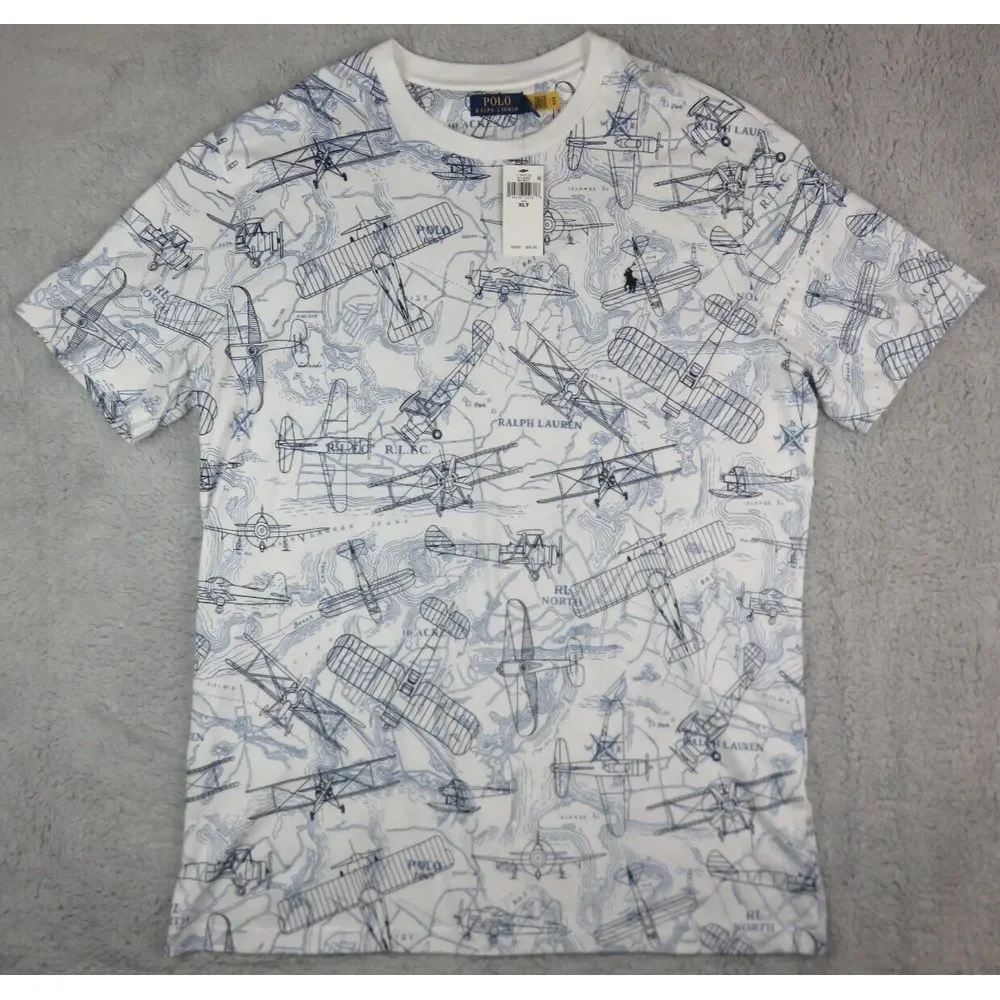 Polo Ralph Lauren Air Plane Shirt Mens XLT Flight Club Map White Blue Cotton New